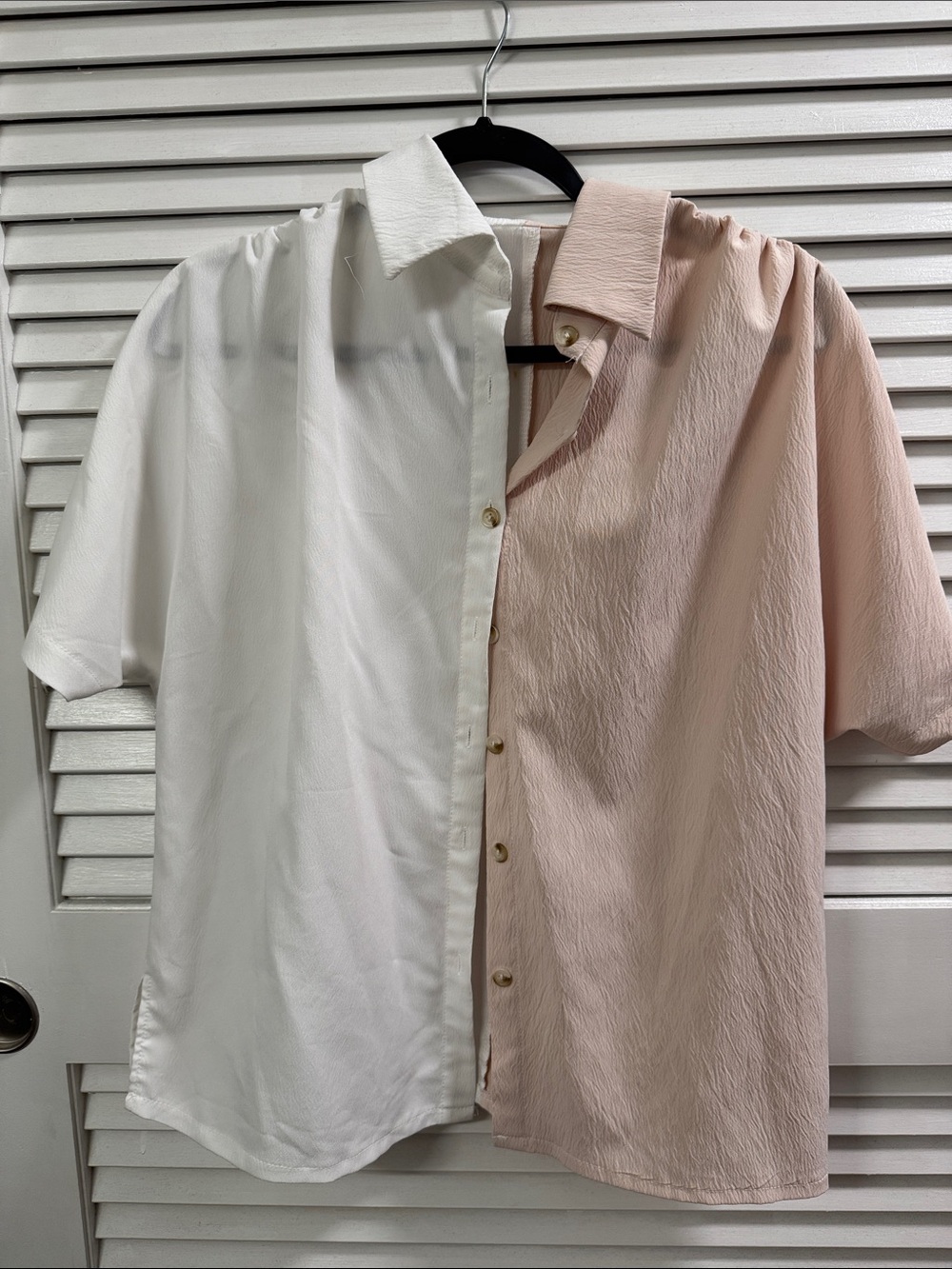 Woman’s Two-Tone Short Sleeve Button-Down Shirt - White & Light Pink